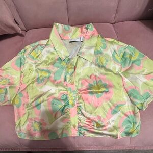 Floral Pastel Cropped Button-Up Blouse
